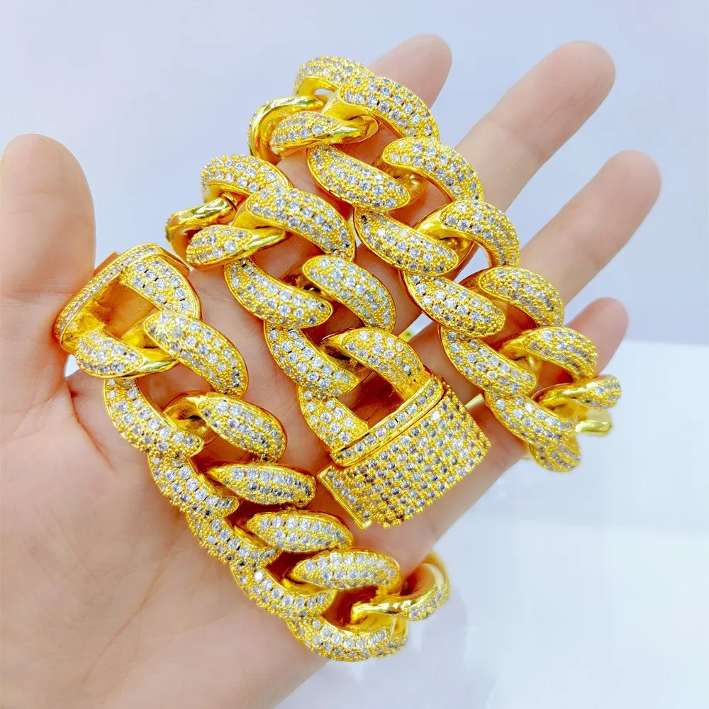 Hip-hop 23mm full diamond men's big gold chain, domineering and exaggerated Miami Cuban chain Hiphop rap accessories