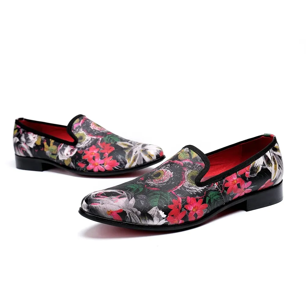 Chinese Style Printing Slip on Casual Shoes Original Plus Size Round Toe Flats Shoes Elegant Men Real Leather Loafers Shoes