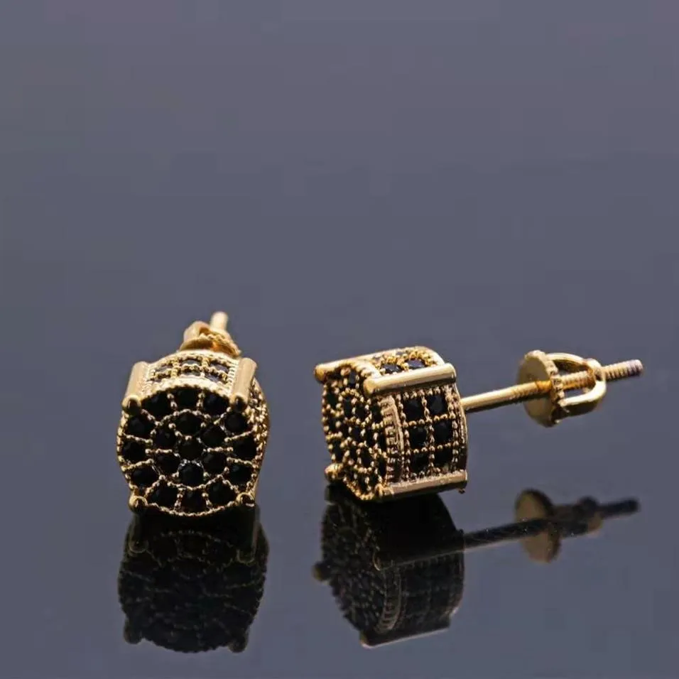 Hip Hop Iced Out Ear Studs For Men Luxury Designer Bling Black Diamond Earrings 18K Gold Plated Fashion Ear Jewelry Birthday Presents2629