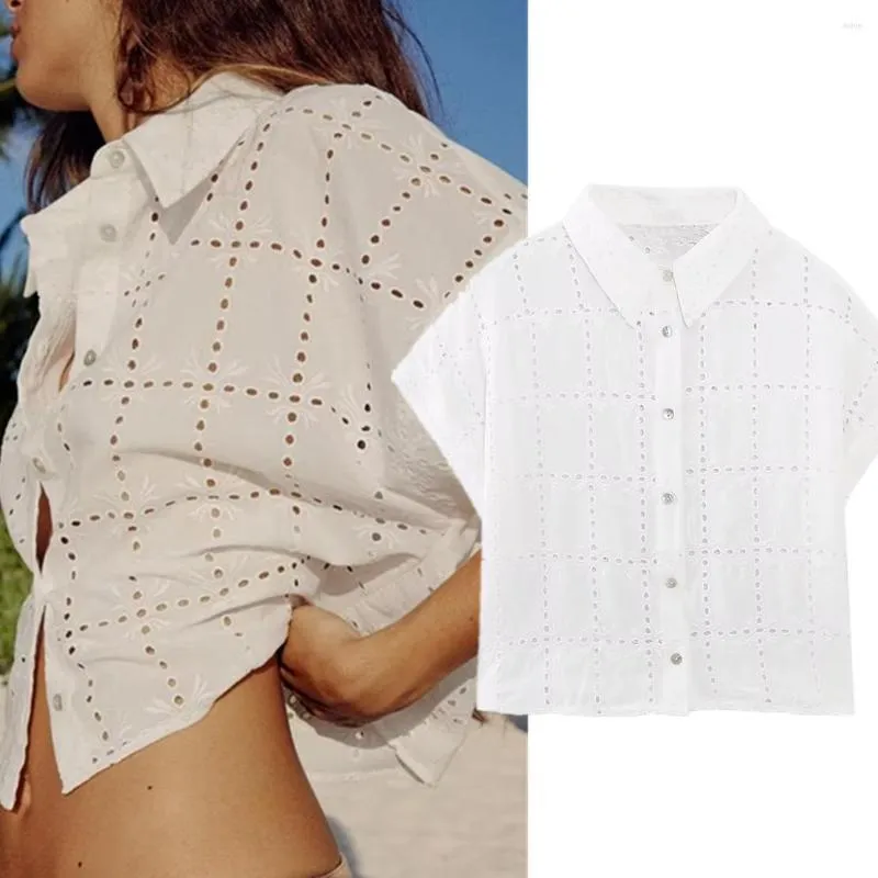 Damenblusen Maxdutti High Street Fashion Vintage-Bluse aus Baumwolle, reinweiß, lässig, bestickt, aushöhlen, Damen-Hemdoberteile