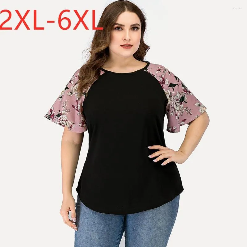 Kvinnors blusar 2023 Summer Plus Size Tops för kvinnor stor blus Kort ärm Loose Casual Floral Print Pink Black Shirt 3xl 4xl 5xl 6xl