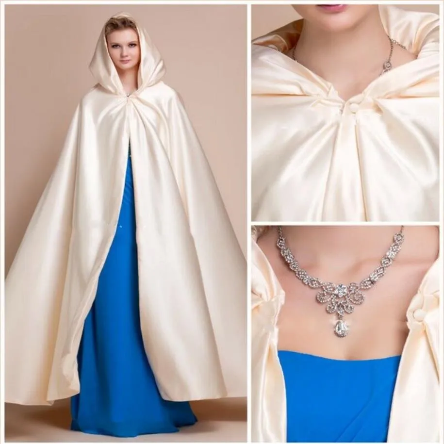 2019 Long Bridal Champagne Cloak z kapturem satynowy przyjęcie weselne Cape Wrap plus size258Q