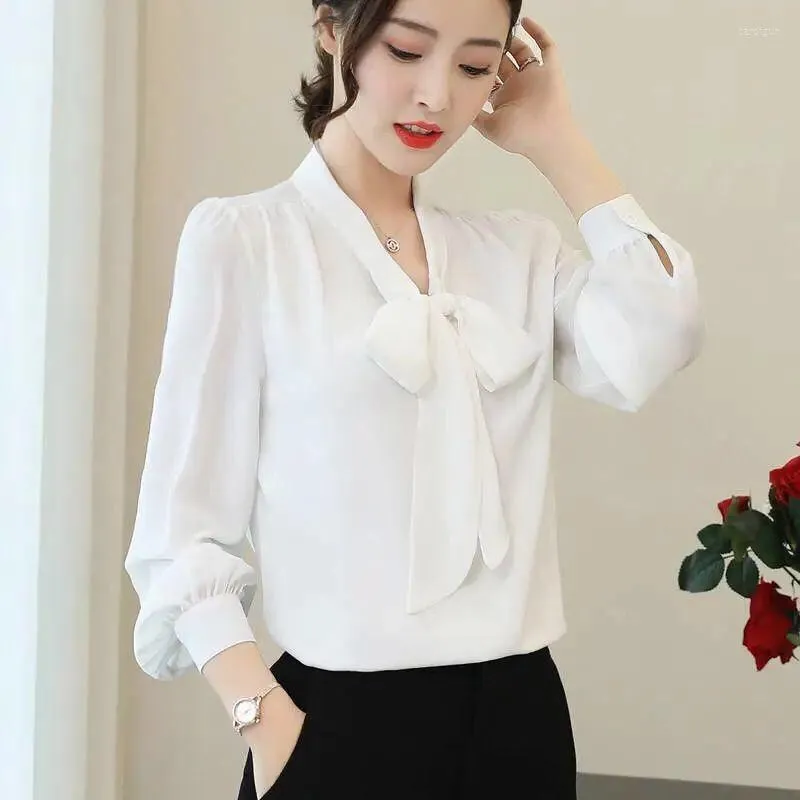 Women's Blouses Spring Chiffon losse shirt tops lange mouw boog vaste kleur all-match blouse temperament elegante vrouwen kleding