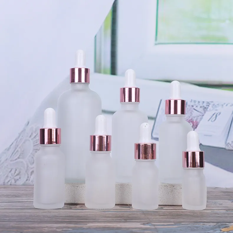 Clear Frosted Glass Essential Oil Perfume Bottle Liquid Reagent Pipette Dropper Bottle with Rose Gold Cap 5-100ml