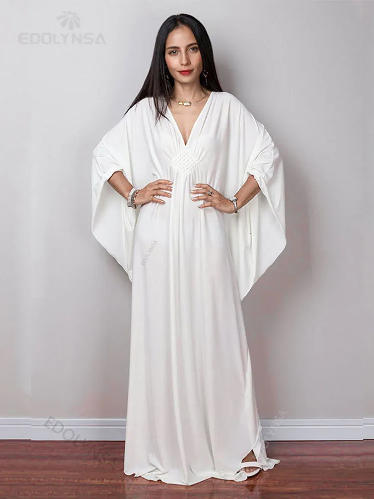 التغطية الصلبة Vneck Batwing Sleeve بالإضافة إلى حجم الفستان Maxi فضفاضة للنساء شاطئ الصيف ارتداء بدلة السباحة الطويلة الطويلة.