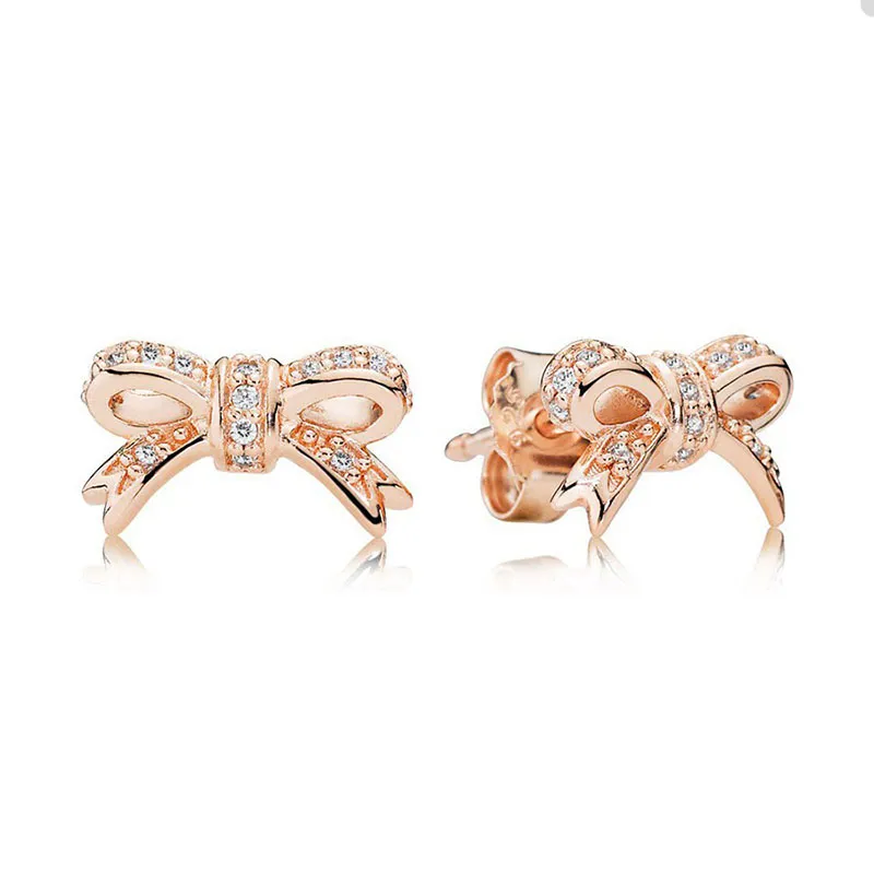 Rose Gold Bowknot Stud -oorbellen voor Pandora -sieraden 100% 925 Silver Party Earring Set voor vrouwen Girls Crystal Diamond Bow Earring met originele doos Groothandel