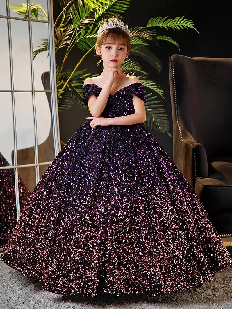 Arabe Princesse Fleur Filles Robes 3D paillettes blingbling violet Bébé Toddler Filles Adorable Enfants Anniversaire Première Sainte Communion Robes 2023 robes de noël