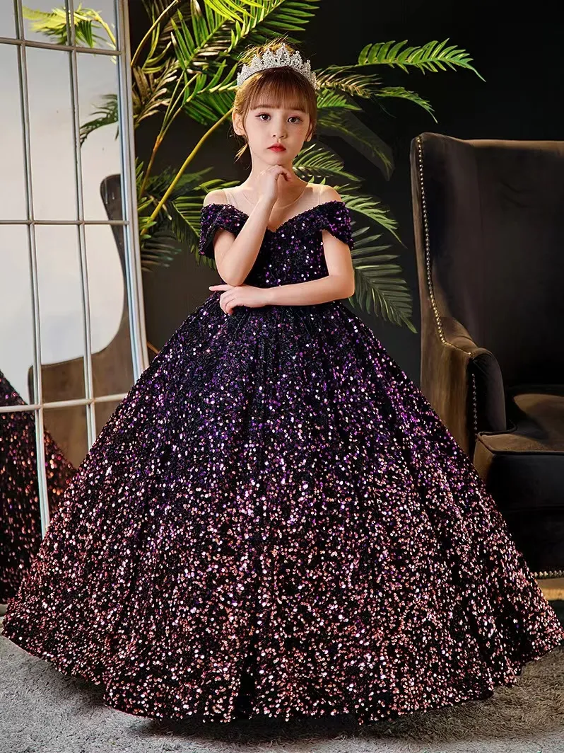 Arabic Princess Flower Girls Dresses 3D sequined blingbling purple Baby Toddler Girls Adorable Kids Birthday First Holy Communion Dresses 2023 christmas gowns