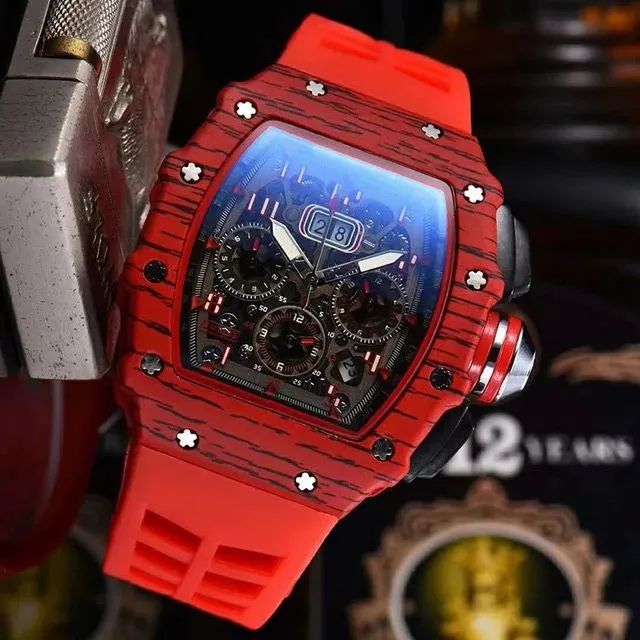 Męski designerski zegarek luksusowa tabela chronografu 6-pinowe sekundy unikalne kreatywne kalendarz silikonowy pasek wysokiej jakości RM