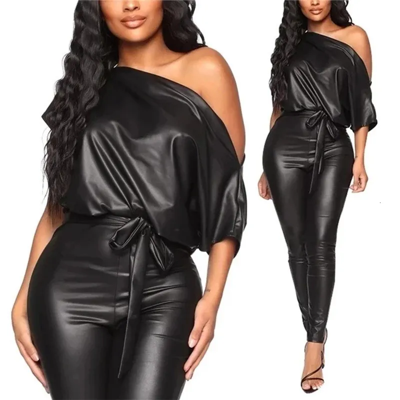 Dames tweedelige broek mode dames pu veer jumpsuit sexy zwarte diagonale kraag strak bandage feest club jumpsuit gothic stijl 230512