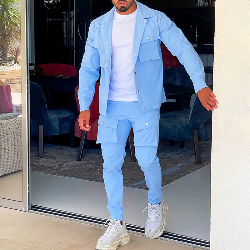 Erkek Eşofman Gök Mavisi İş Giysisi Ceket Pantolon Seti Rahat Basit Moda Trendi Hiphop Tulum Gençlik Spor Takım Elbise 230314