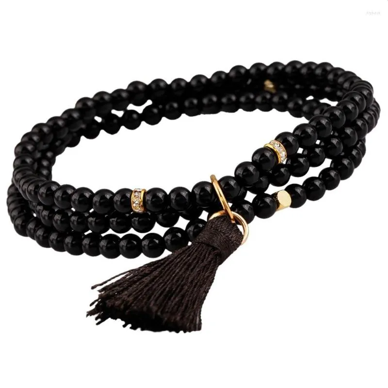 Strand SUNYIK Natural Black Onyx Stone Beads 4mm 3 Layers Beaded Ethnic Customs Bracelet With Charm Tassel Jewelry For Women Men Gift