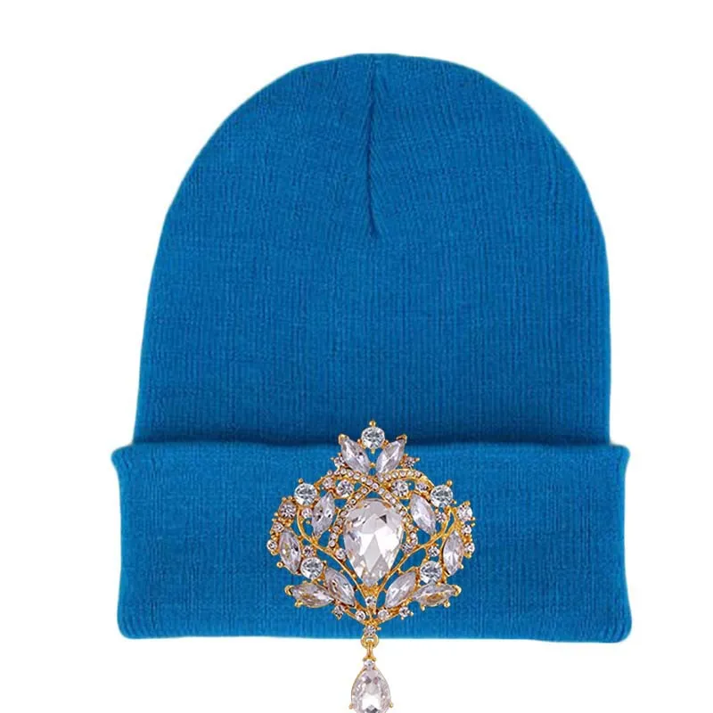 New Winter Hats For Women Warm Knitted Luxury Flower Crystal Beanies Hat Female Skullies Caps Gorras HCS332