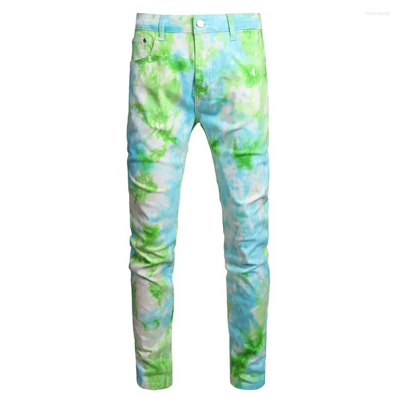 Men's Jeans Men Tie Dye Stretch Denim Y2K Green Blue Colored Painted Pants Slim Straight Trousers