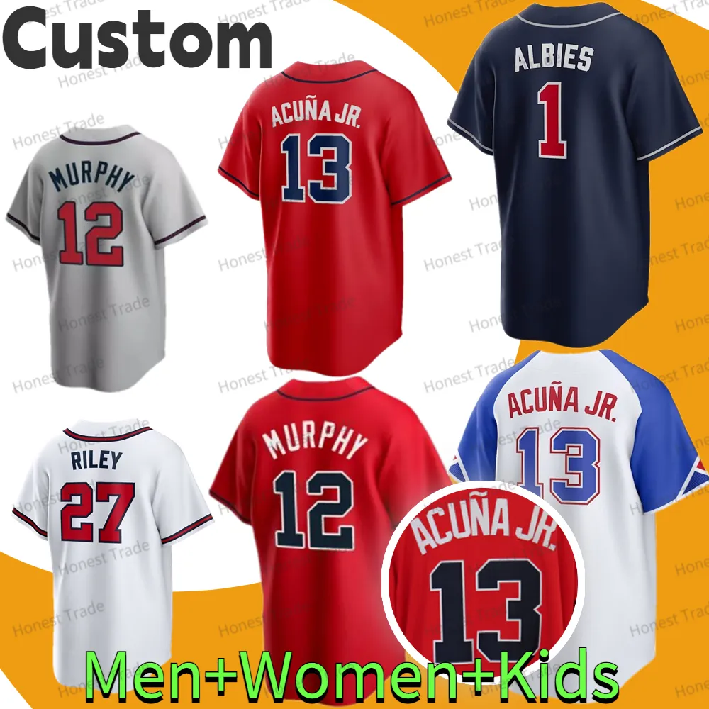 Hommes Kids Femme Baseball Jersey Adrianza Hilliard Riley 27 Fried Luetge Murphy Ozuna Albies 5 Elder Iglesias Minter Morton Rosario Young Olson Red Shirts