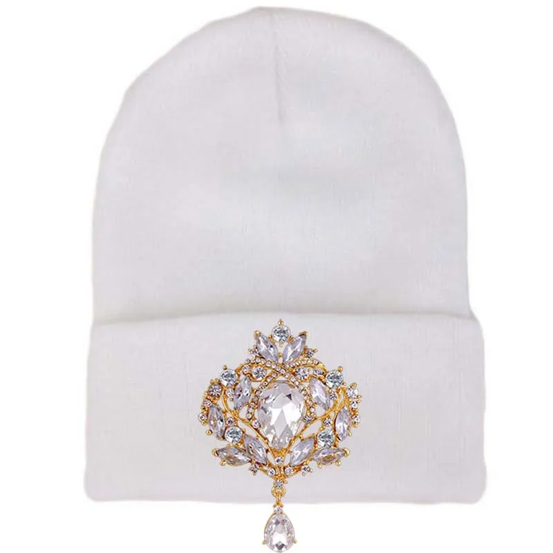 New Winter Hats For Women Warm Knitted Luxury Flower Crystal Beanies Hat Female Skullies Caps Gorras HCS332