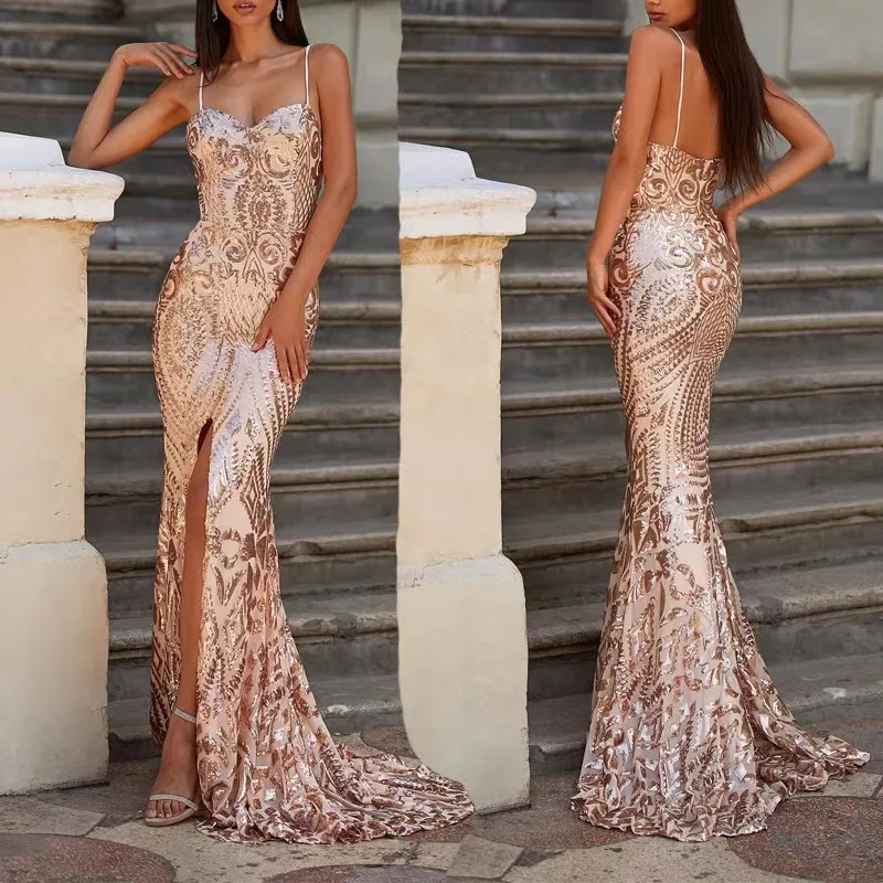 Sexy Gold Mother Of The Bride Deep V Neck Beads Crystal Strap Long Sequined Backless Chiffon Side Split Sweep Train Evening Wear Prom Wed Dresses 403