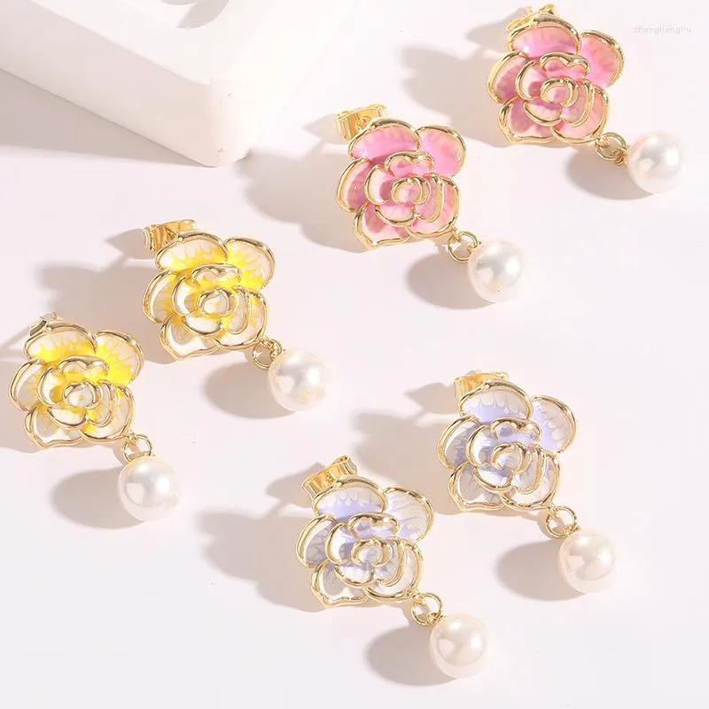 Stud Earrings 2023 Fashion Women Exquisite Colorful Oil Drip Camellia Freshwater Pearl Drop Earring Sexy Party Jewerly
