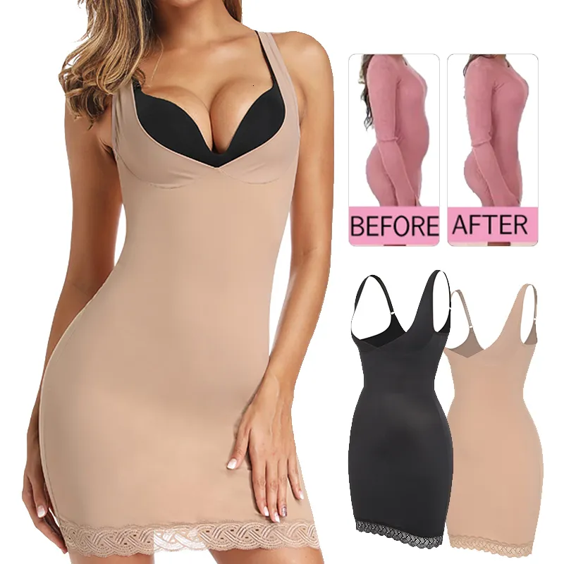 Damesjaberse dames volledige slip shapewear jurk bodysuits lingerie met kantbedrijf controle open buste taille cinchers body shaper jurken 230515