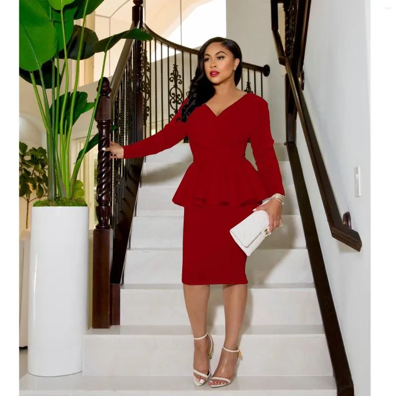 Casual Dresses Bodycon Peplum Dress Women Winter Fashion Office Ruffles OL V Neck Long Sleeve Elegant Party Midi Evening Clothing
