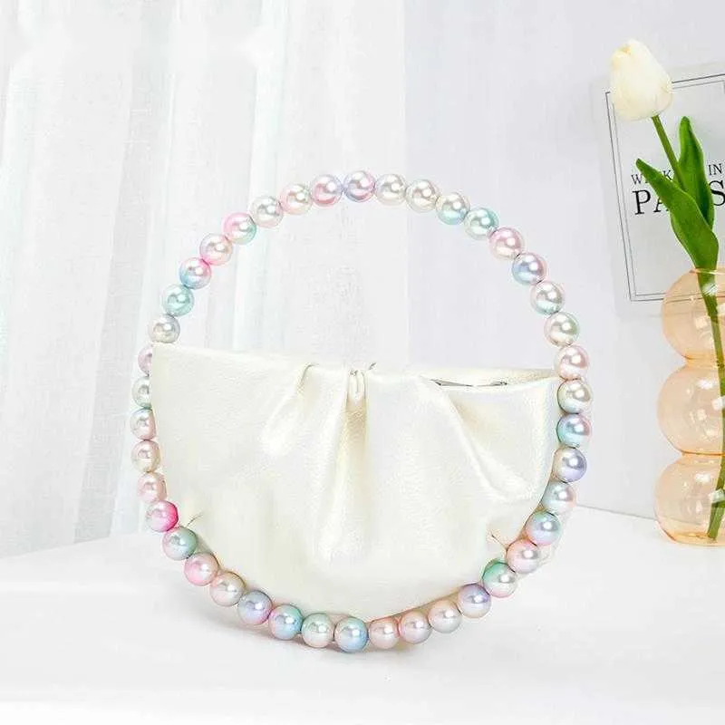 Shoulder Bags Colour Pearls Circular Fold Handbags Women 2023 New Elegant Designer Half Moon Round Handle Dinner Clutch Purse Wedding Party 230426