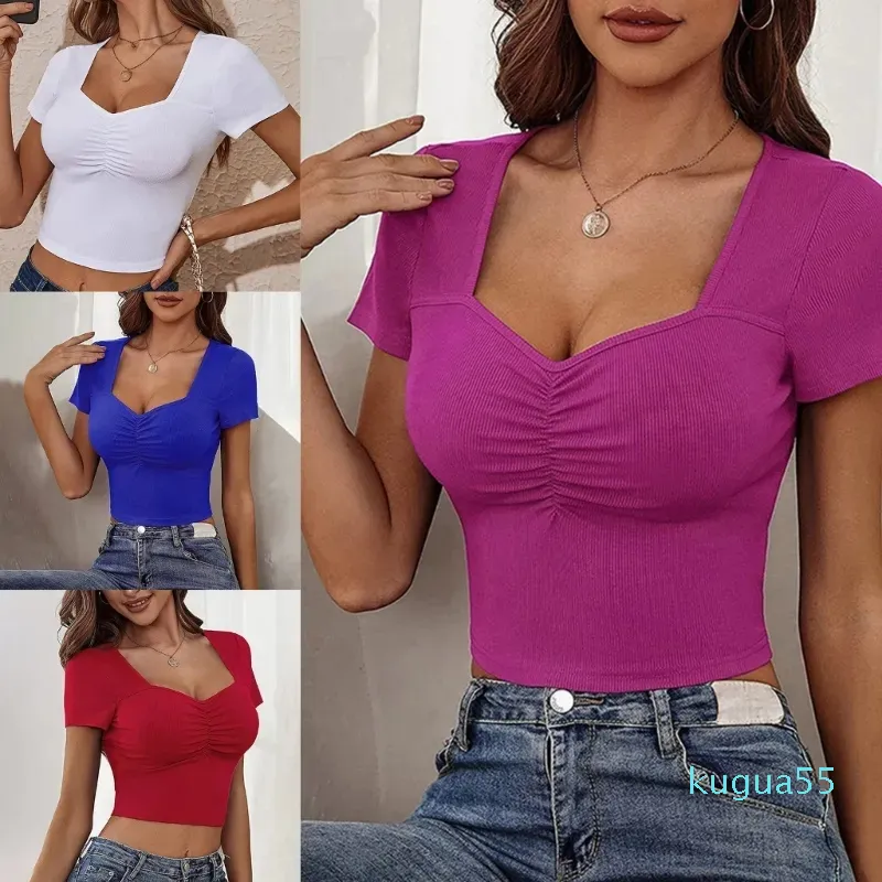 2023-Womens T-Shirt Summer Short Sleeve Sweetheart Neck Crop Top Ribbed Knit Basic Solid Color Casual Slim-Fit Ruched T-Shirt Blouses