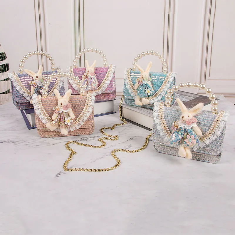 Sweet baby girls Pearl sequin handbag fashion children Lace 3D small rabbit One shoulder bag Kids plaid chain crossbody bags F1662