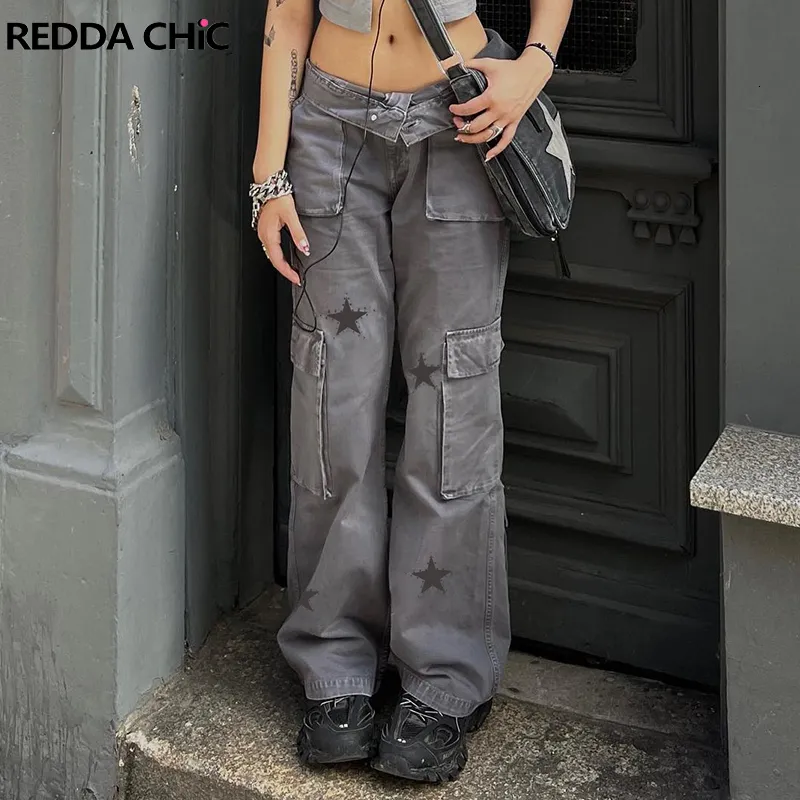 Pantalon femme s Celana Kargo Bintang Mode Akubi Reddakic Gyaru Vintage Grunge Y2k Streetwear Jeans Longgar Abu abu Retro Pinggang Rendah Pakaian Alt 230515