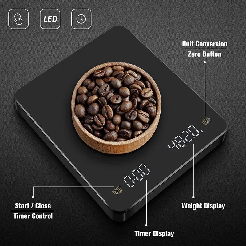 Coffee Electronic Scales Pour Over Espresso 3kg 5kg 0.1g LED Auto Timer Smart Kitchen Scale Built-in Battery USB Charging