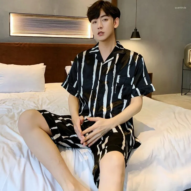 Мужская пижама мужская пижама летние летние шерсти шелковой шелковый черно-белый полосатый домашний костюм имитация плюс размер