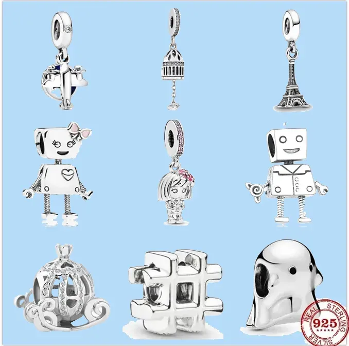 925 Perles de charme Accessoires Fit Pandora Charms bijoux bijoux Cadeau en gros Robot Airplane Little Girl Bird Cage