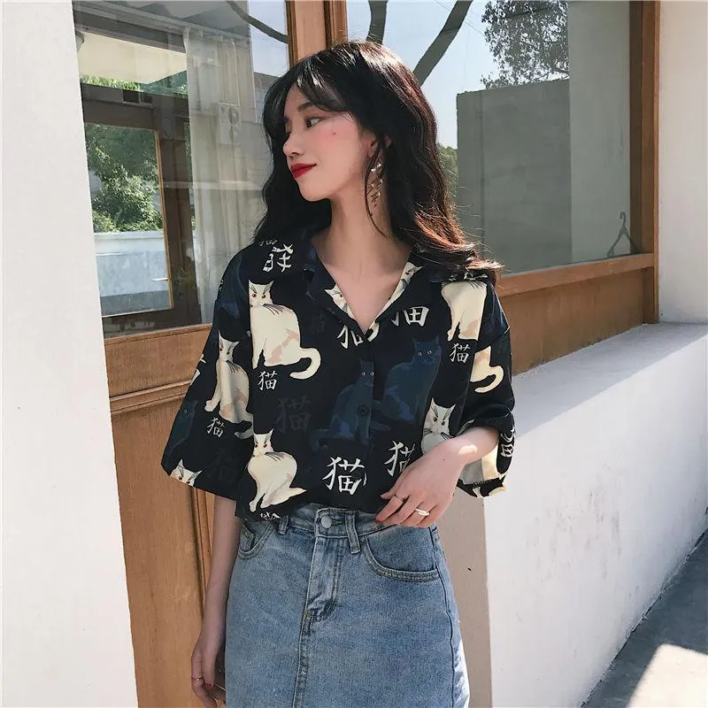 Shirts Women's Summer Blouse Black Cat Print Short Sleeve TShirts Ladies Trend Casual Exotic Japan Style White Women's Long Sleeve Top