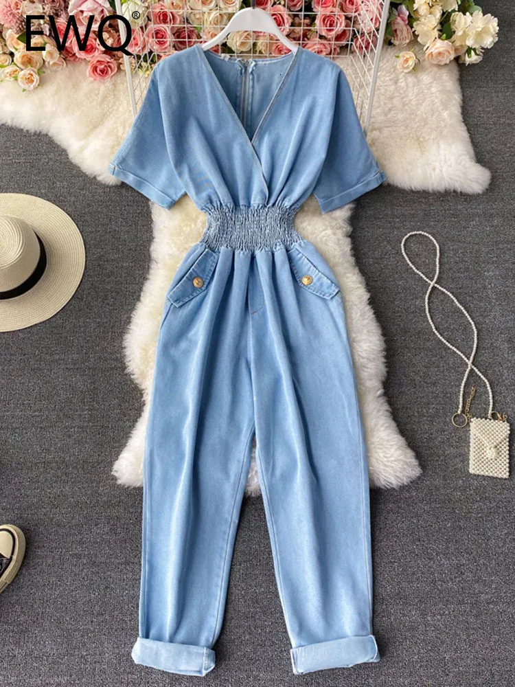 Zweiteilige Damenhose EWQ Süßer Stil Damen Jumpsuits Denim V-Ausschnitt Kurzarm Einfarbig Hohe Taille Lässiger Overall Frühling Sommer SN0540 230512