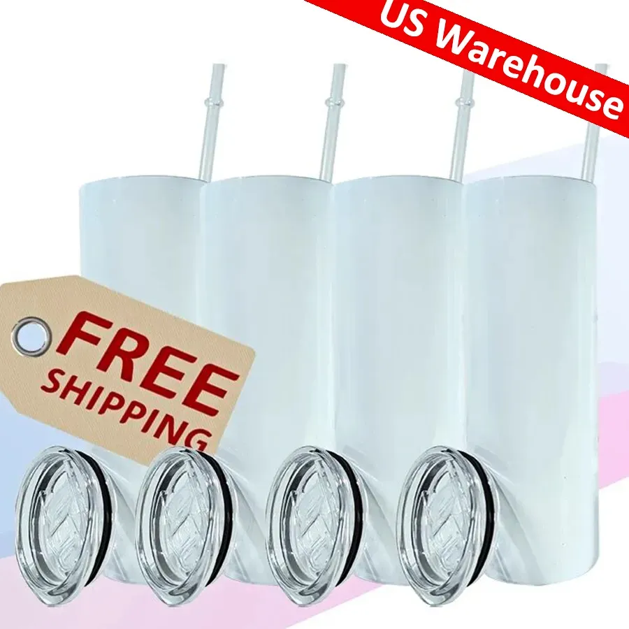 US CA Warehouse 20oz Sublimation Straight Tumbler With Metal Straw och gummibotten Blanks Rostfritt stål Glossigt dubbelvägg Vakuumisolerat vattenflaska 4.23