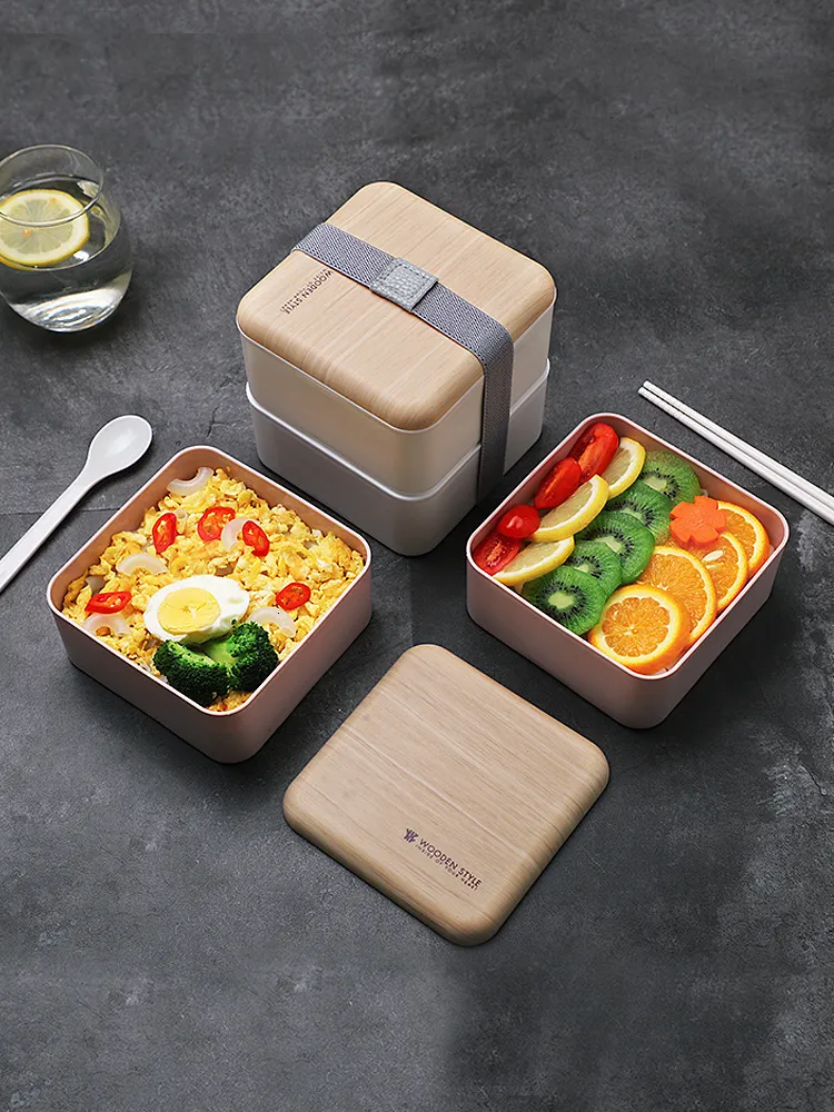 Bento Boxes Square Lunch Box Grid 2 Lager färsk skål Mikrovågsisolering Tabellådor Studentlådor med lock Spoon Chopstick Bento Container 230515