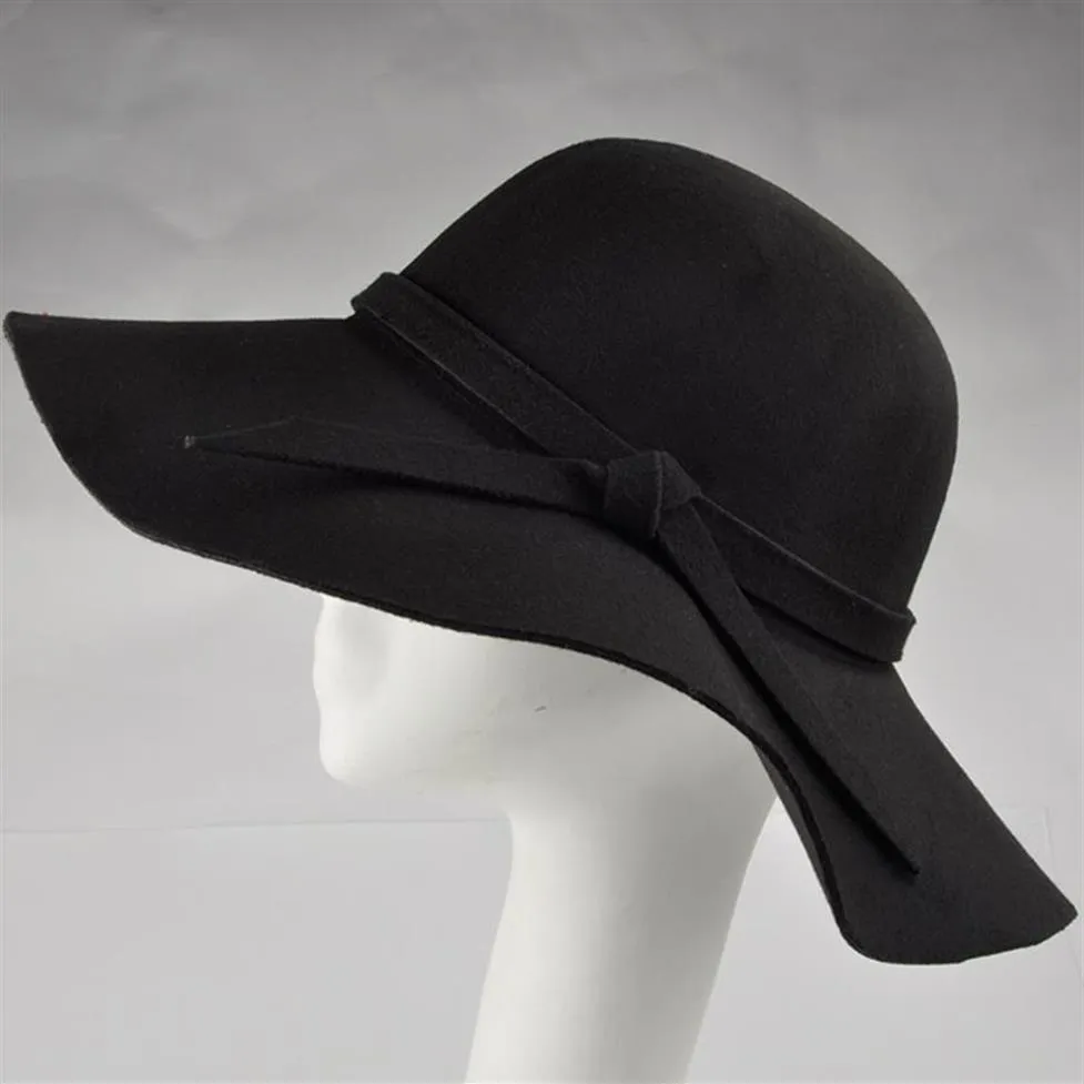 Wide Brim Hats Fashion Women Hat With Wool Felt Bowler Fedora Floppy Cloche Sun Beach Bowknot Cap Fall204O