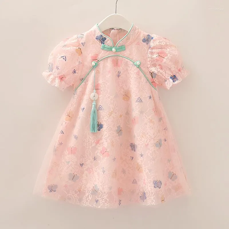 Fille robes 2023 été 3-12 ans chinois Han Style Hanfu enfants robe à manches courtes dentelle Cheongsam pour enfants bébé filles Q455