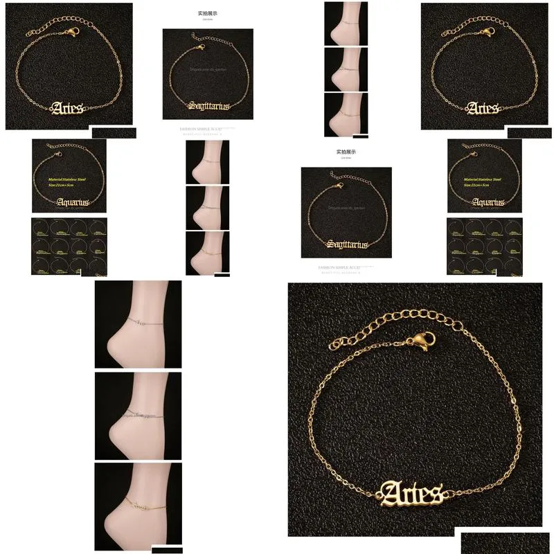 Chaînes de Cheville Femme Acier Inoxydable Chaînes 12 Constellations Lettre Pendentif Jambe Bracelet Anniversaire Cadeau Or Sier Couleurs Zodiac Sig Dhgarden Dhoey