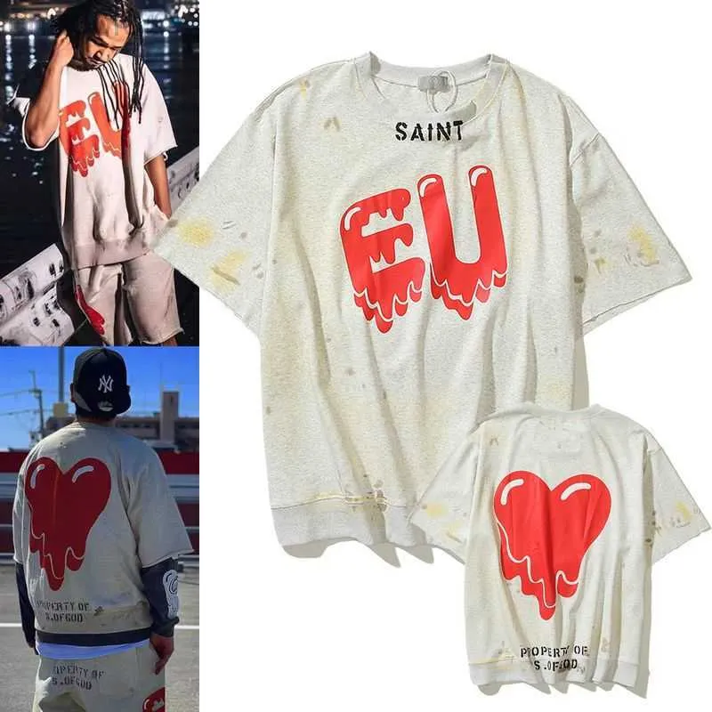 T-shirt a maniche corte con cuore rosso allentato vecchio graffiti vintage SAINT MICHAEL Co