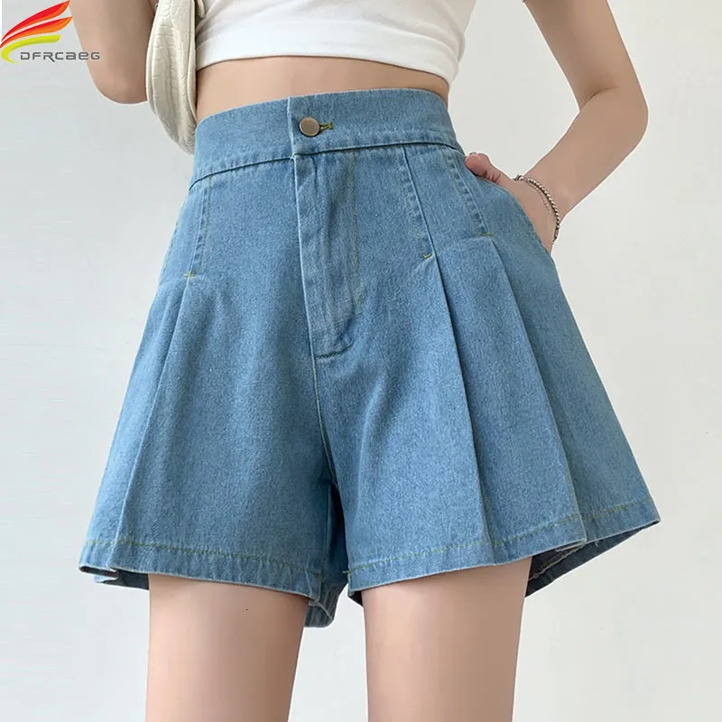 Damenshorts DFRCAEG Sommer-Denim-Shorts für Frauen, hohe elastische Taille, blau oder himmelblau, weites Bein, lockere Falten, Mini-Plus-Size-Shorts, Femme 230512