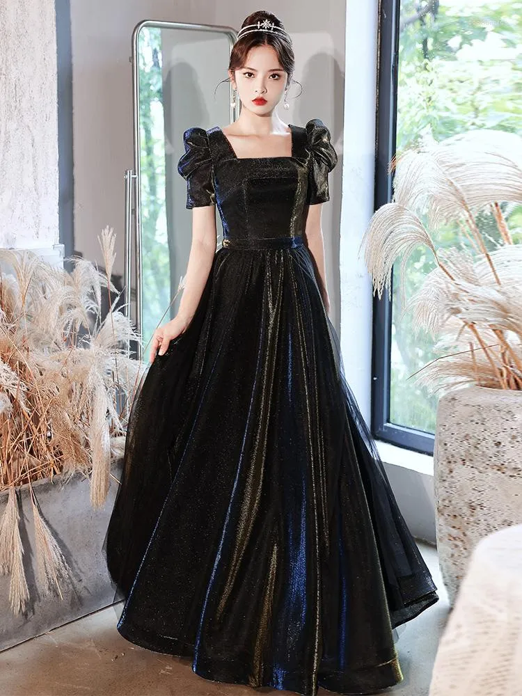 Party Dresses Black Puff Sleeve Prom Retro Square Collar Shining A-Line Long Chorus Gown Classic Back Lace-Up Evening Dress