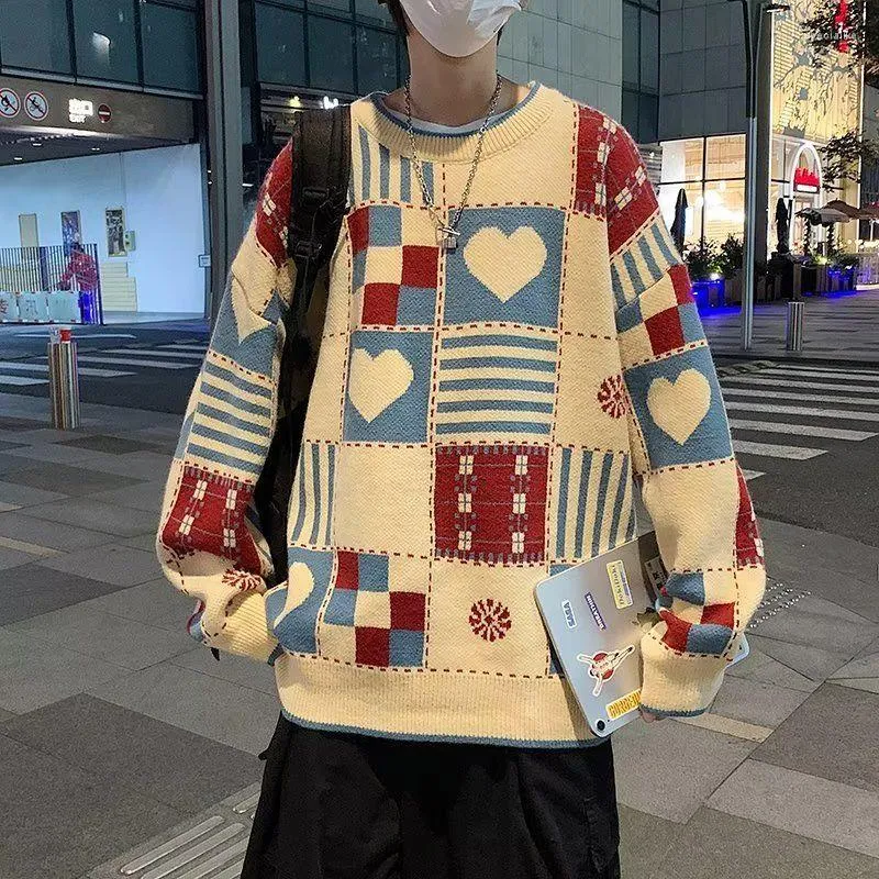 Men's Sweaters Trendy Plaid Love Pattern Round Neck Colourful Spliced Pullovers Autumn Winter Batwing Long Sleeve Japanese Style Retro Male