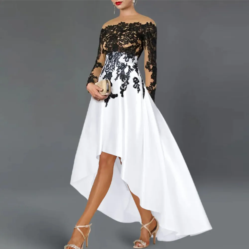 Elegant White and Black High Low Mother's Dresses for Wedding Sheer Neck Long Sleeve Evening Party Gowns