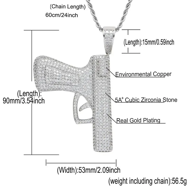 Bling Diamond Pistolet zircon cubique Collier bijoux hip hop ensemble pendentif pistolet en or 18 carats Colliers pour hommes femmes mode chaîne en acier inoxydable