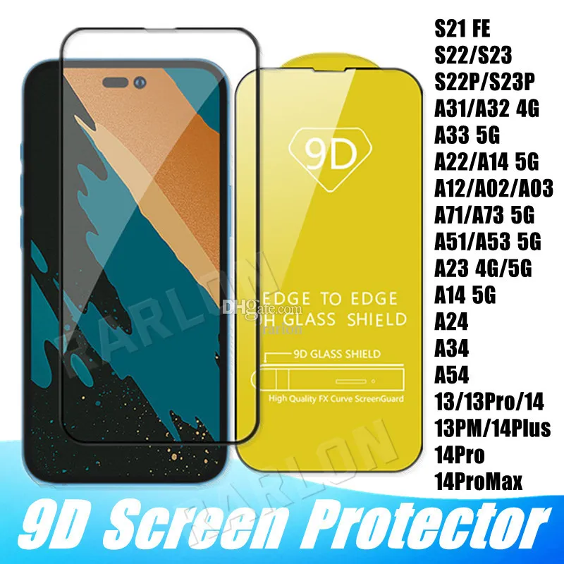 9D Cover Harted Glass Pełny klej 9H Ochraniacz ekranu dla iPhone'a 15 14 Pro Max 13 12 11 XS XR X 8 Samsung S23 S22 S20 Fe S21 Plus A53 A73 5G A03 Core A21S A04 A14 A34 A54 5G