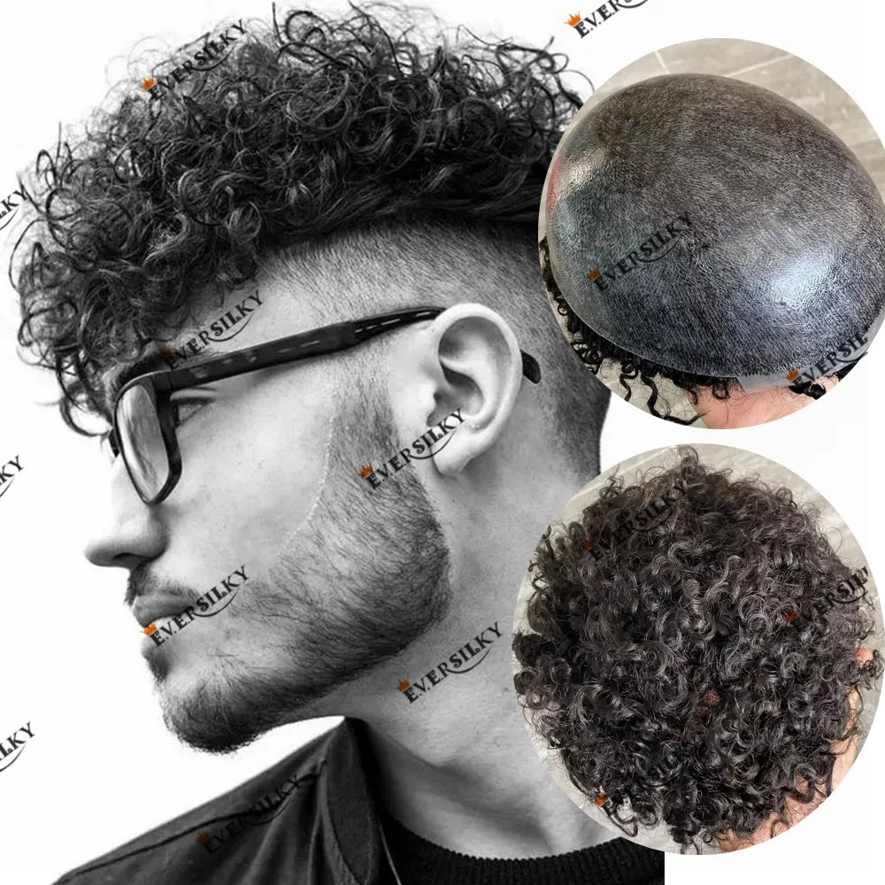 Human Hair Curly Hairstyle Skin Base Men's Toupee Capillary Prosthesis Hair Replacement System Remy Indian Hair Men's Wig