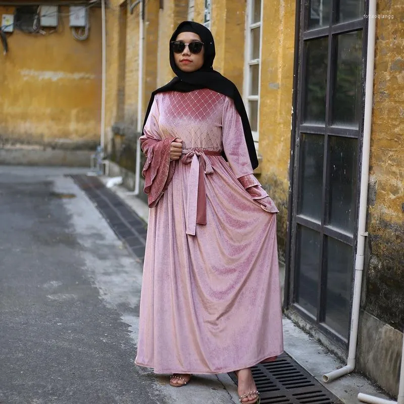 Etnische kleding vrouwen roze fluwelen abaya kaftan dubai hijab moslimjurk islamitische turkse jurken abayas caftan pakistan gewaad musulman