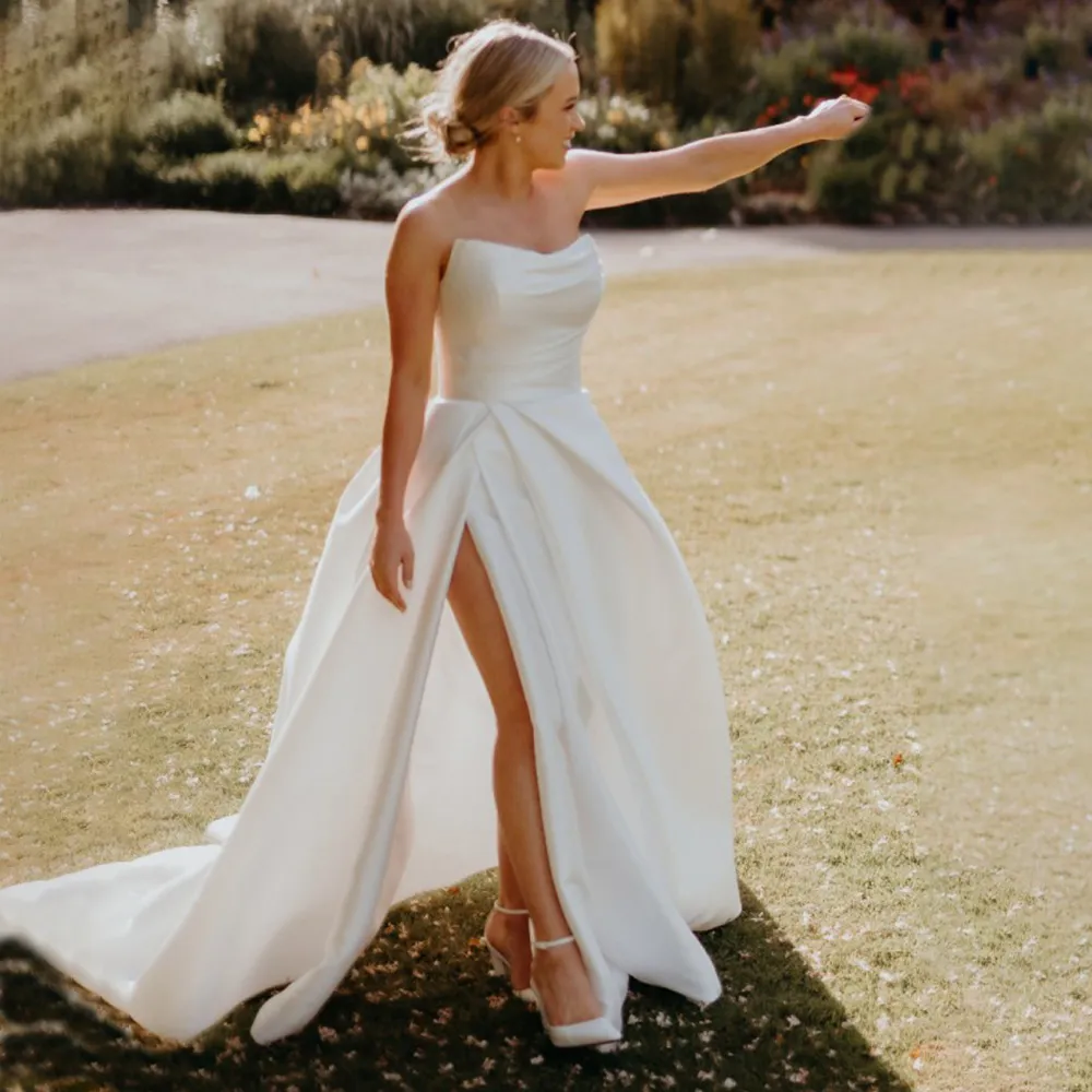 Simple Satin Bridal Gowns: Strapless A Line Wedding Dress With Slit Elegant  Pleated Satin, Garden Style, Plus Sizes Available, Ideal For Summer Events  From Gardenhome02, $220.23 | DHgate.Com
