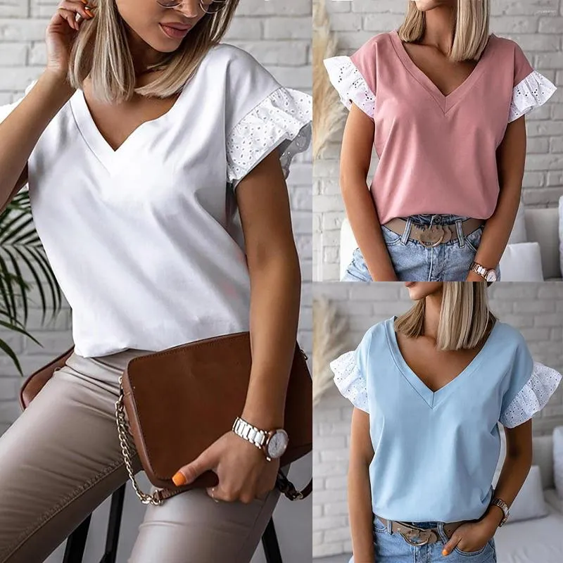 T-shirts pour femmes hauts soyeux volants manches Sexy col en v court mode couleur solide épissage Blouse femmes décontracté