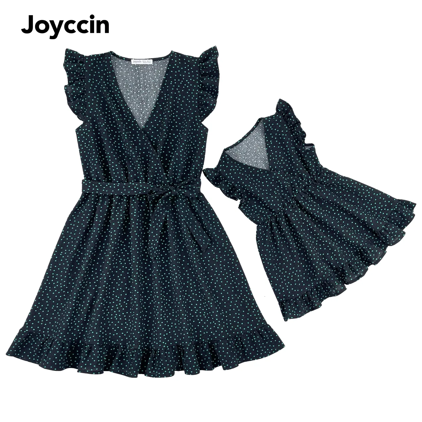 Familjsmatchande kläder Joyccin Mother Kids Cross Wrap Vneck Clothing Ruffle FlutterSleeve över hela prickar Boho Vacationsklänningar 230512